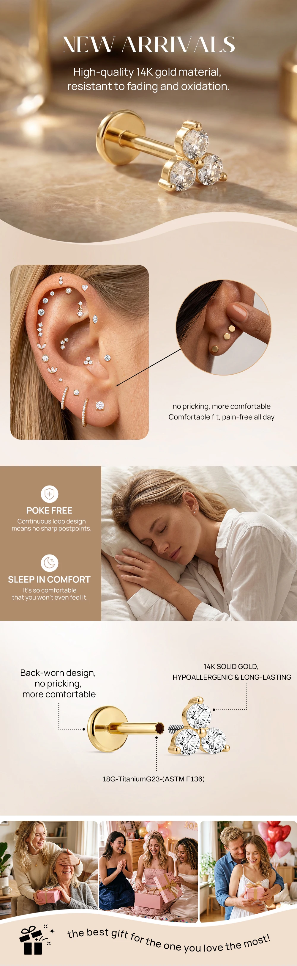 AIDE Mini-Piercing-Ohrringe aus 14-karätigem massivem Gold, glänzend, Herz-/rund-/sternförmig, für Damen, in verschiedenen Größen, klassischer Hochzeits- und Brautschmuck, luxuriöser Schmuck – Detail 25