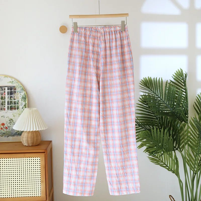 Calças de pijama de algodão puro para dormir roupa de dormir mulher quarto wear primavera verão novas calças xadrez soltas calças de pijama