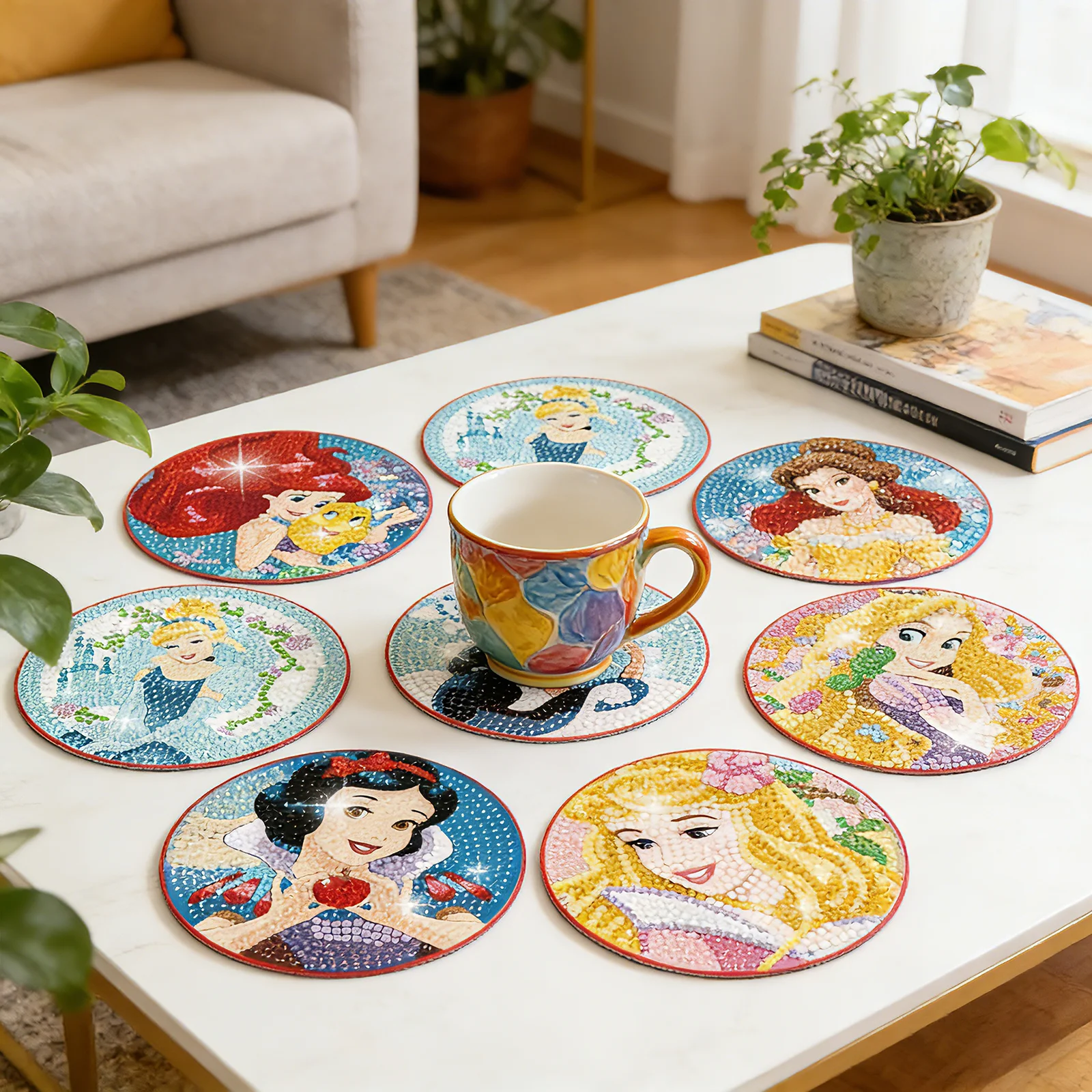 

New Arrival 8pcs DIY Diamond Painting Coasters with Holder Fantasy Princess Series Cartoon Figure Souvenirs Home Decor