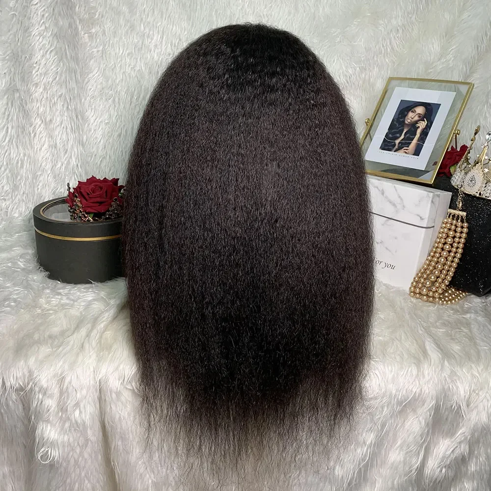 Peruca frontal sem cola para mulheres, preto Kinky Yaki, densidade reta, 180 longas, 30 polegadas, pré-arrancadas, cabelo de bebê, resistente ao calor, diariamente