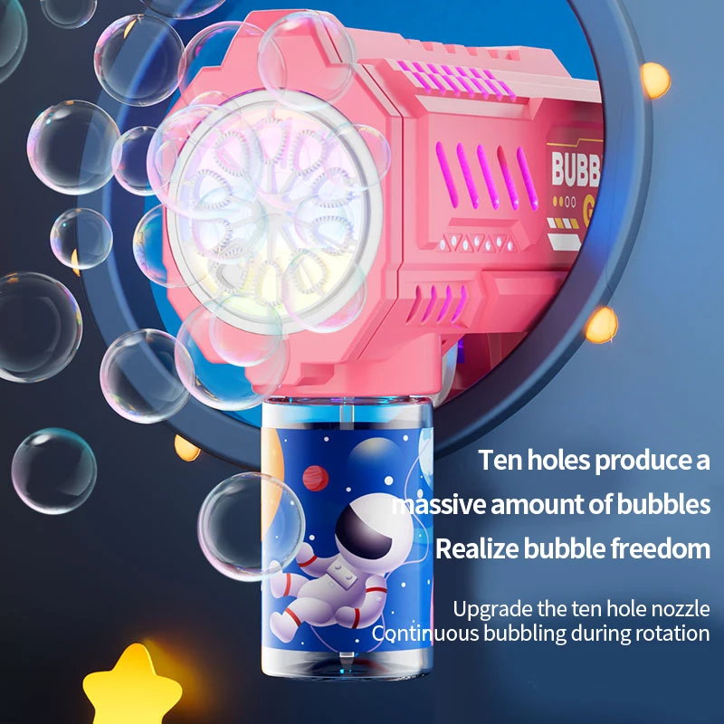 One Pack Of Children's 10 Launcher Handheld Portable Electric Automatic Bubble Gun LED Light For Boys And Girls