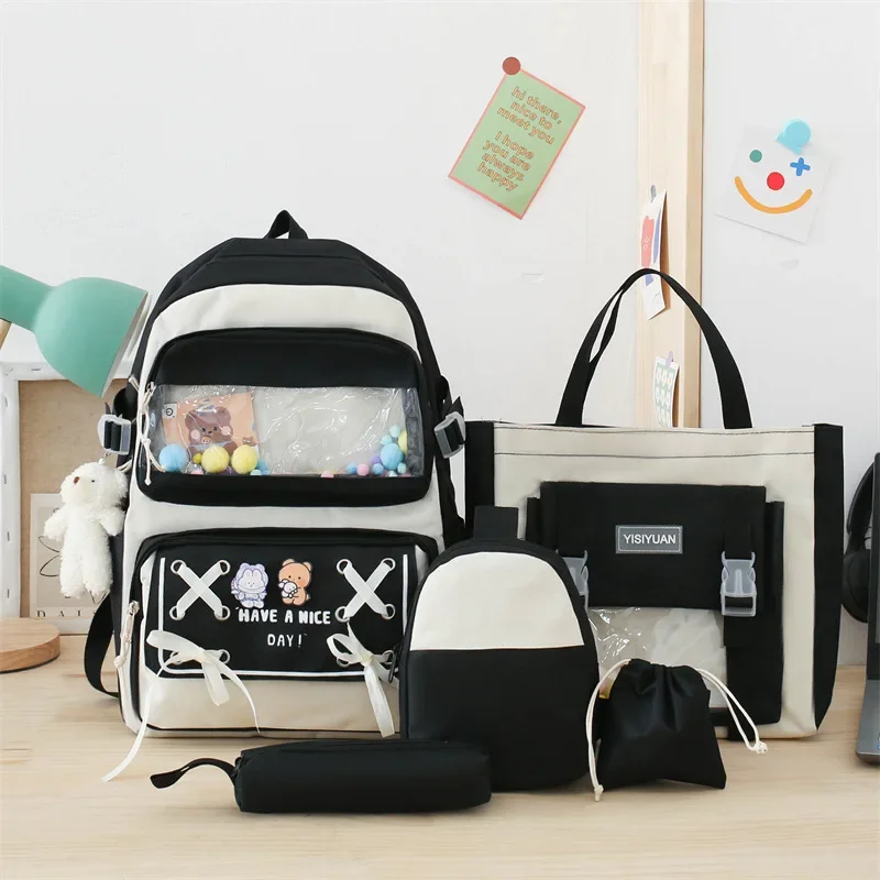 5pc/set Multi Pocket Students Backpack Children Teenager School Backpack for Girl Canvas Women Shoulder Book Bag Laptop Rucksack