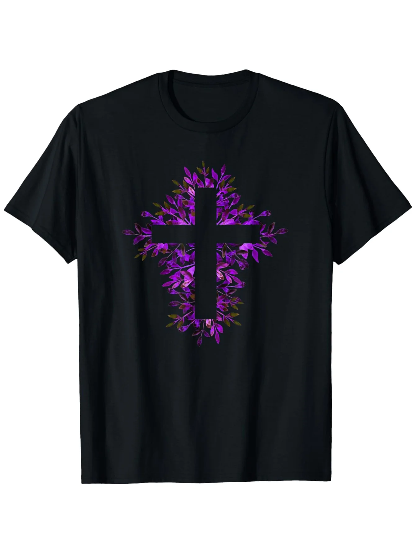 

Purple Floral Cross Christian Men's Graphic Tee Breathable Cotton Casual Round Neck Short Sleeve Faith T-Shirt for Spring Fall
