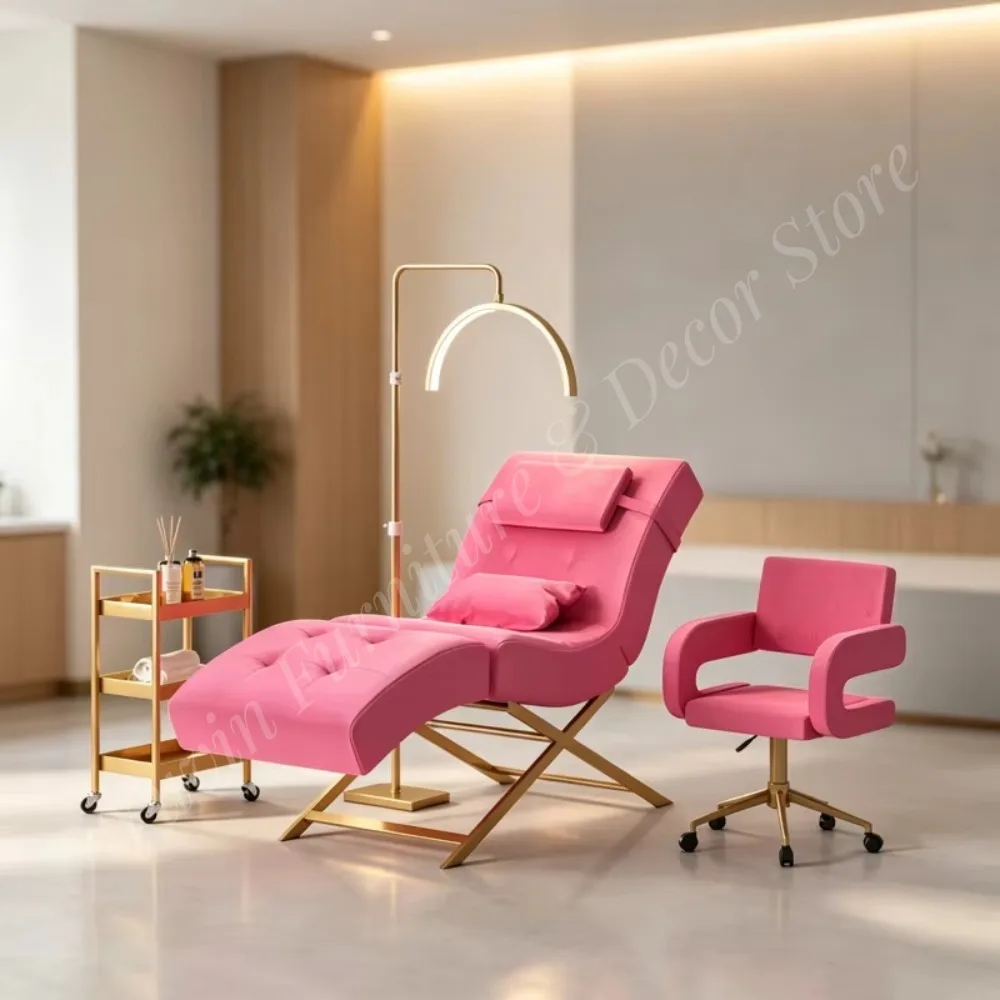 Modern Beauty Salon Red Fabric Eyebrow Bed Luxury Gold Base Saloon Furniture Cosmetic Eyelash Bed With Trolley