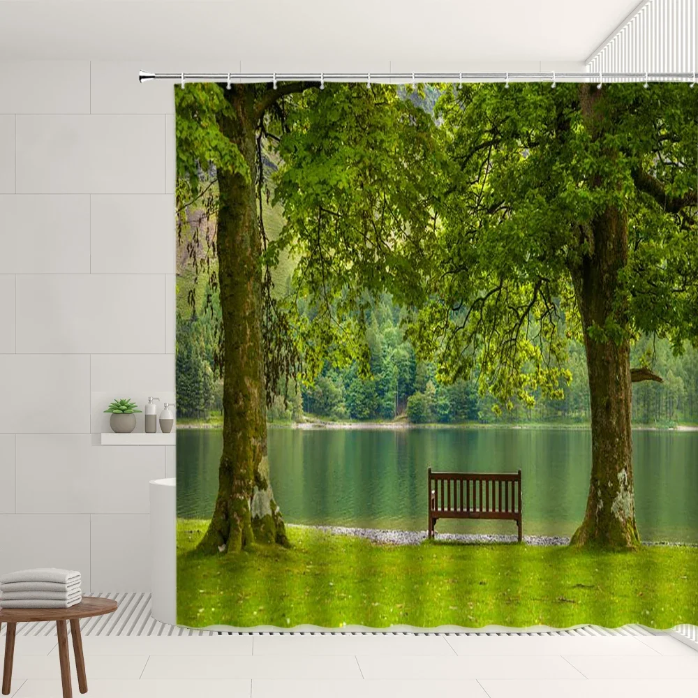 Park Scenery Shower Curtain Garden Patio Green Plants Tree Pond Flowers Living Room Bedroom Decor Curtains Bathroom Screens Sets