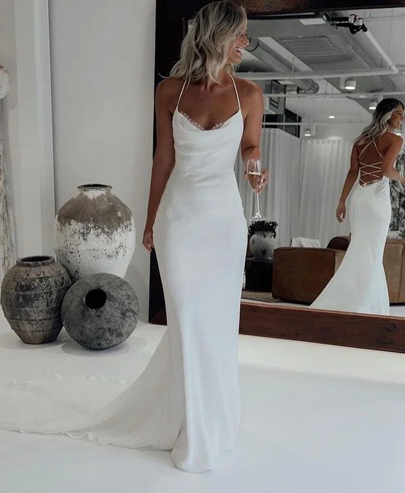 Long Train Boho Wedding Dress Sleeveless Criss-Cross Back 2022 Bridal Mermaid Bride Dress Vestido Robe De Mariée