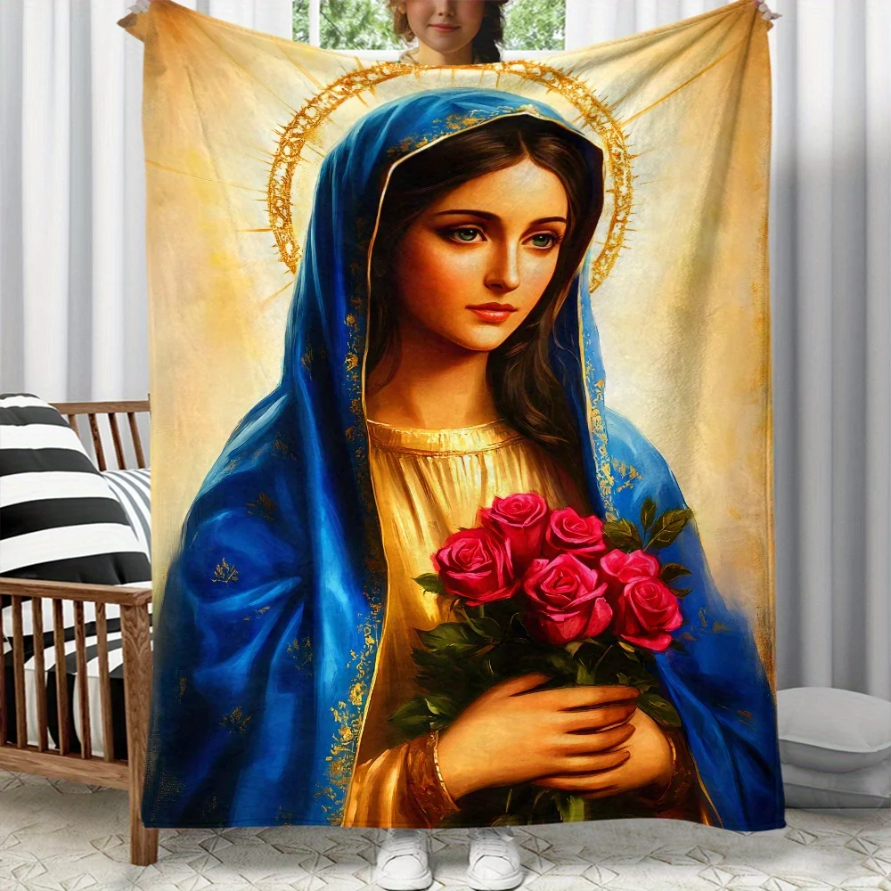 Virgin Mary religious portrait blue robe golden halo red roses holy artwork spiritual flannel blanket church decorationChristian