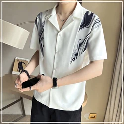 2024 Summer Handsome Trendy Men's Casual Business Versatile Cuban Collar Block Color Print Loose Oversize Short sleeved Shirt