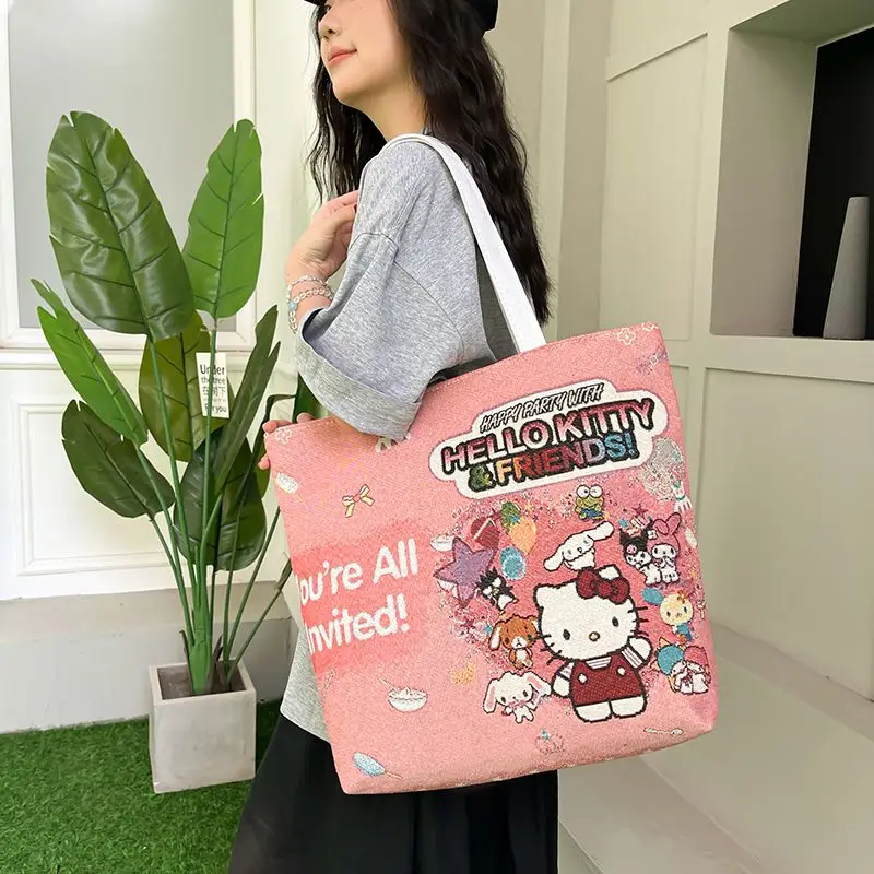 Miniso Kuromi Handbag Cute Large Capacity Canvas Shopping Shoulder Bag Anime Travel Embroidery Tote Bag Student Tutoring Bag