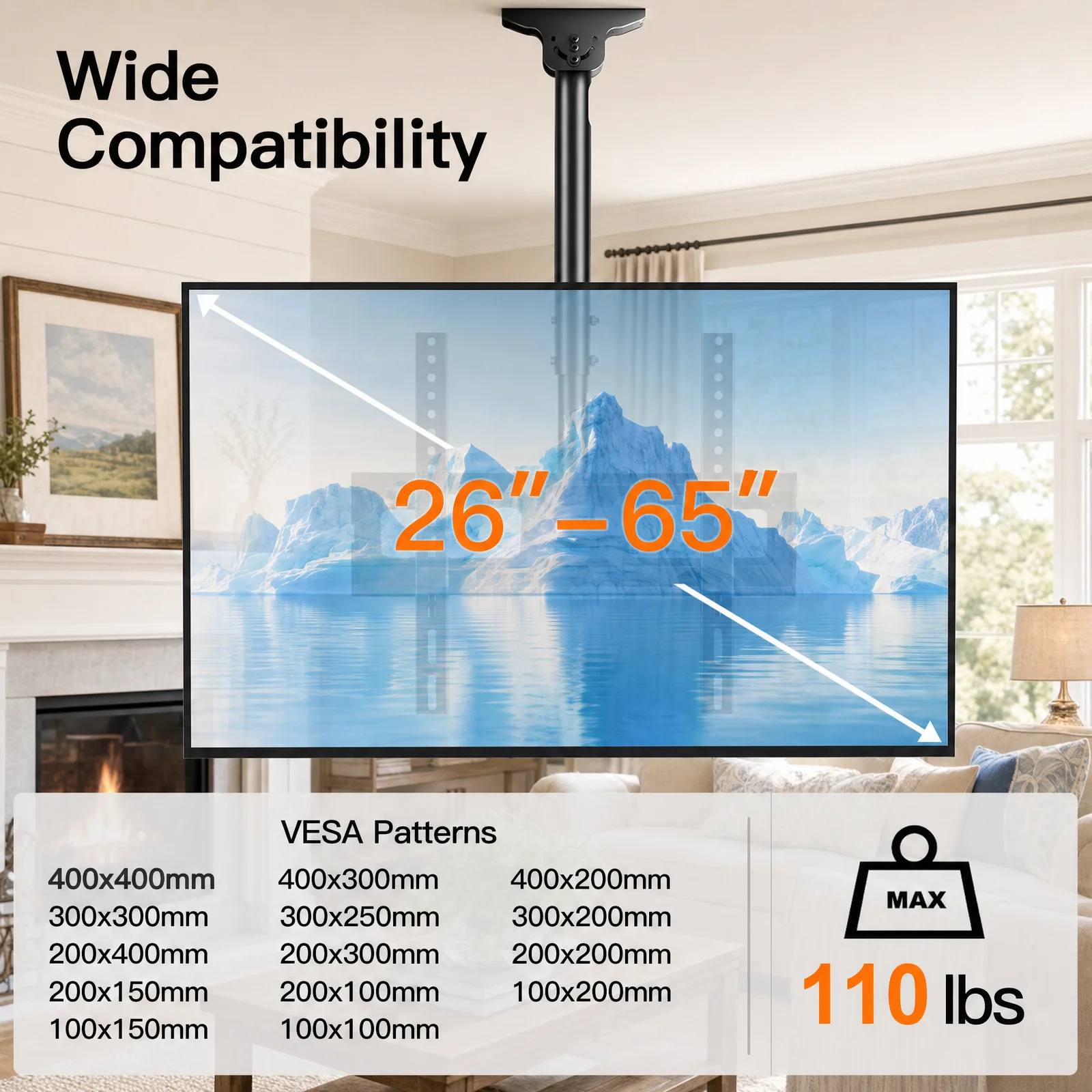 Adjustable Ceiling TV Mount, 360° Swivel Hanging Pole TV Bracket for 26‑65 Inch LED LCD OLED 4K Flat Screen TV, Height & Tilt Adjustable Heavy‑Duty Ceiling TV Holder Supports Up to 110lbs
