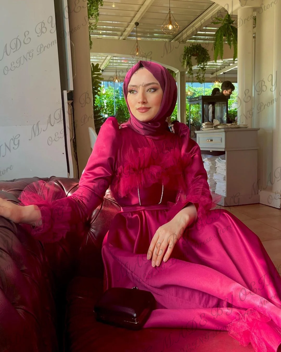 OEING Muslim Arabic Women Evening Dresses Modest Vintage Fuchsia Lace Silk High Neck Long Sleeves Formal Prom Gowns Mecca