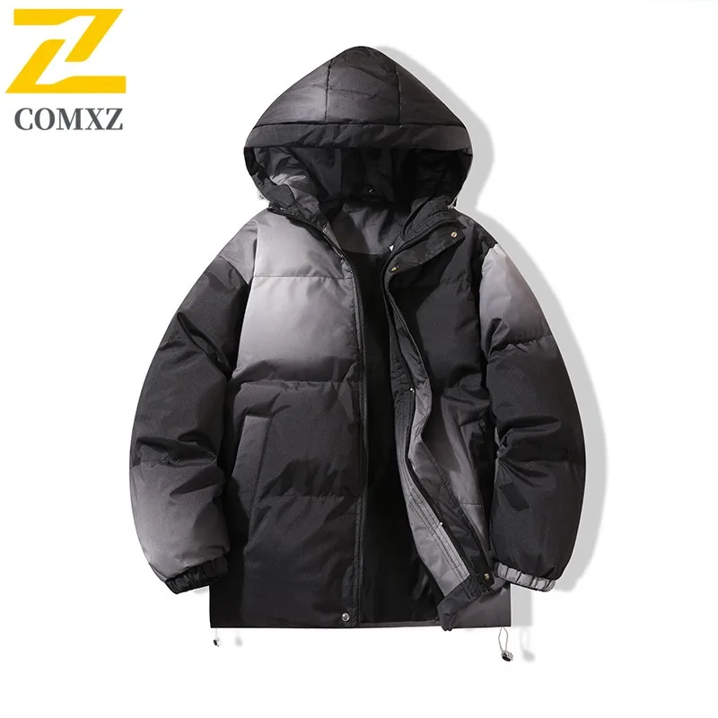 COMXZ 2025 Winter Men's Gradient Hooded Parka Coat Loose Fit Plus Size Thickened Streetwear Trendy Unisex Top Outwear