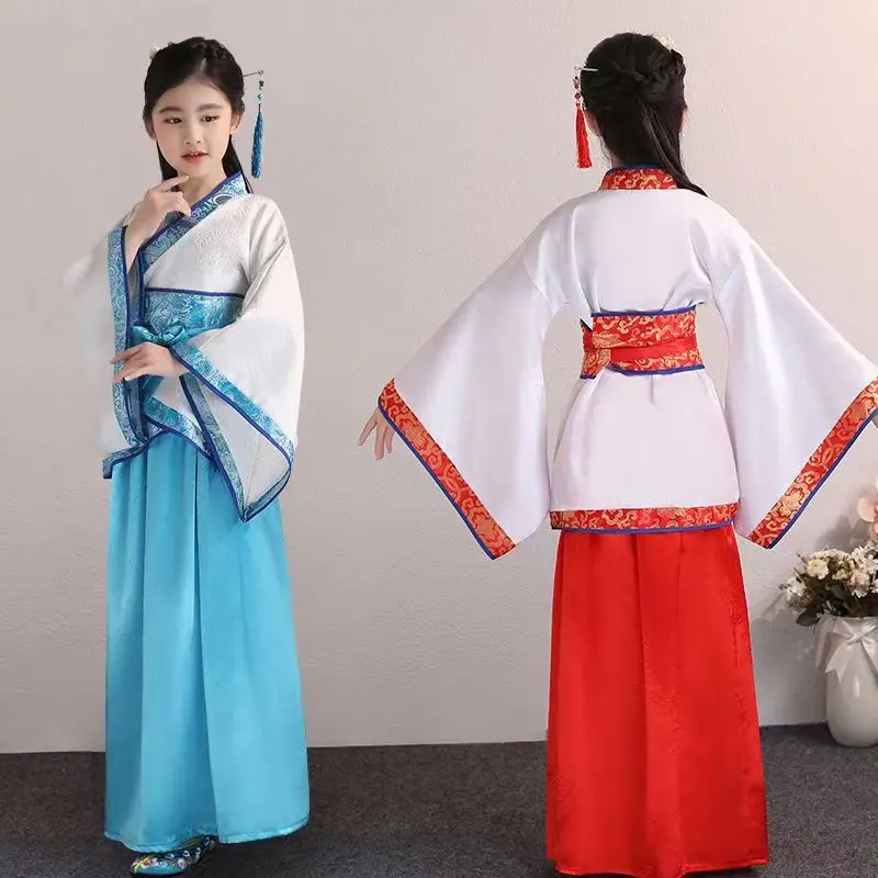 Chinese silk robe Costume Girls Children Kimono China Traditional Vintage Ethnic Fan Students Chorus Dance Costume Hanfu