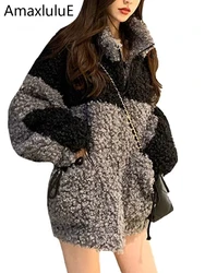 Amax luluE Winter Gray Loose Fur Coat 2024 Womens Casual Punk Style Jackets Ladies Harajuku Zippers Streetwear Vintage Clothing