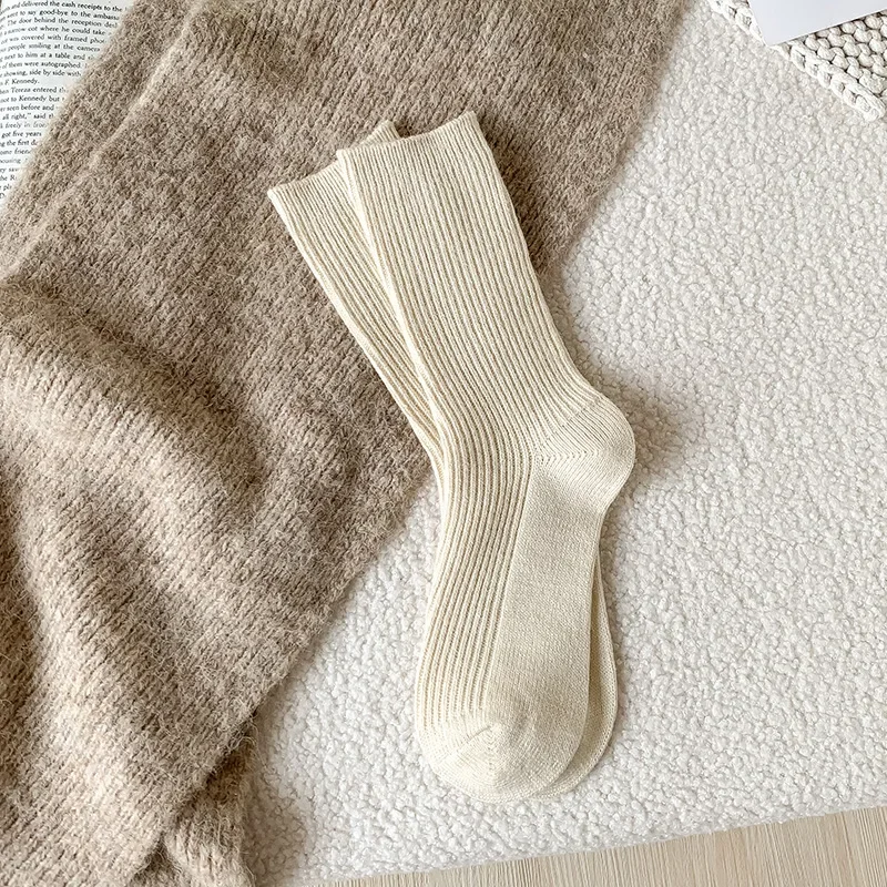 Winter Cashmere Wool Woman Socks Solid Cream Color Retro Long Socks Women Girls Thermal Crew Sock Calcetines Mujer Socks Women