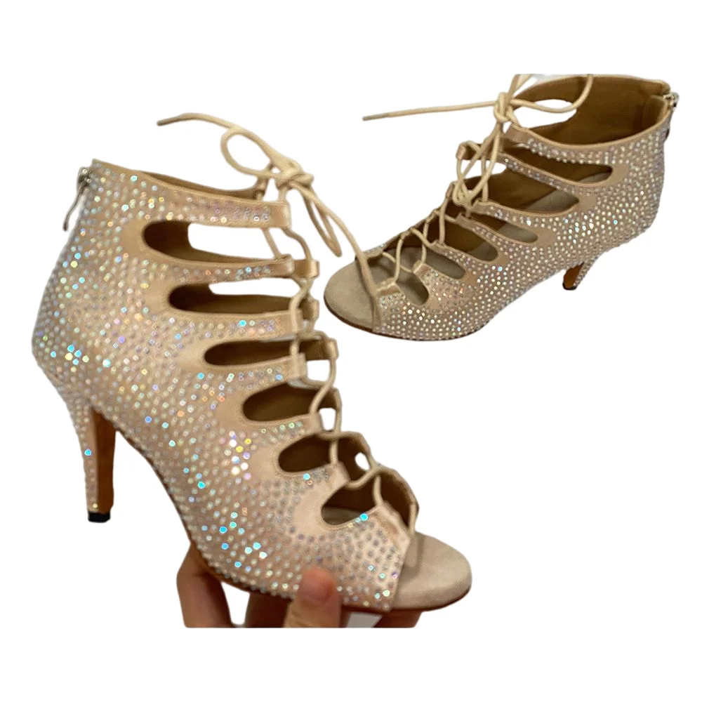 Bootie-zapatos de salón de baile latino para mujer, suela de ante, Color Beige, brillantes, Rhionstones, Salsa