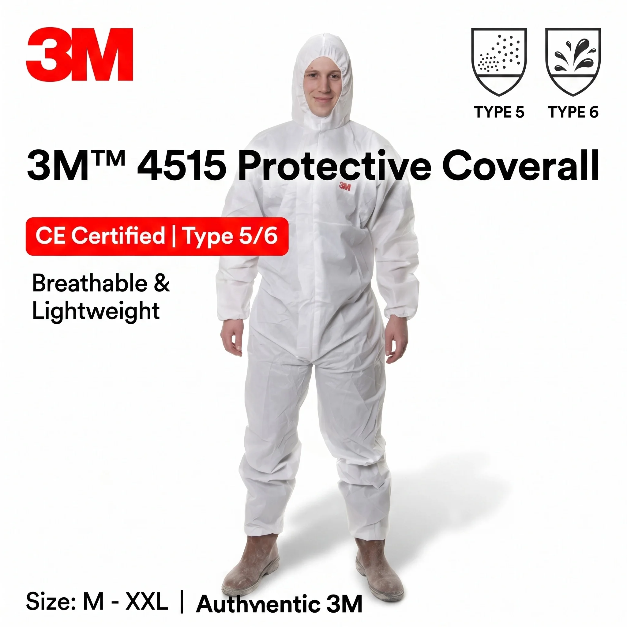 3M 4515 Disposable Coveralls Hazmat Suit Protective Workwear Dust-Proof Type 5/6 Safety Body Suit with Hood for Spray Painting