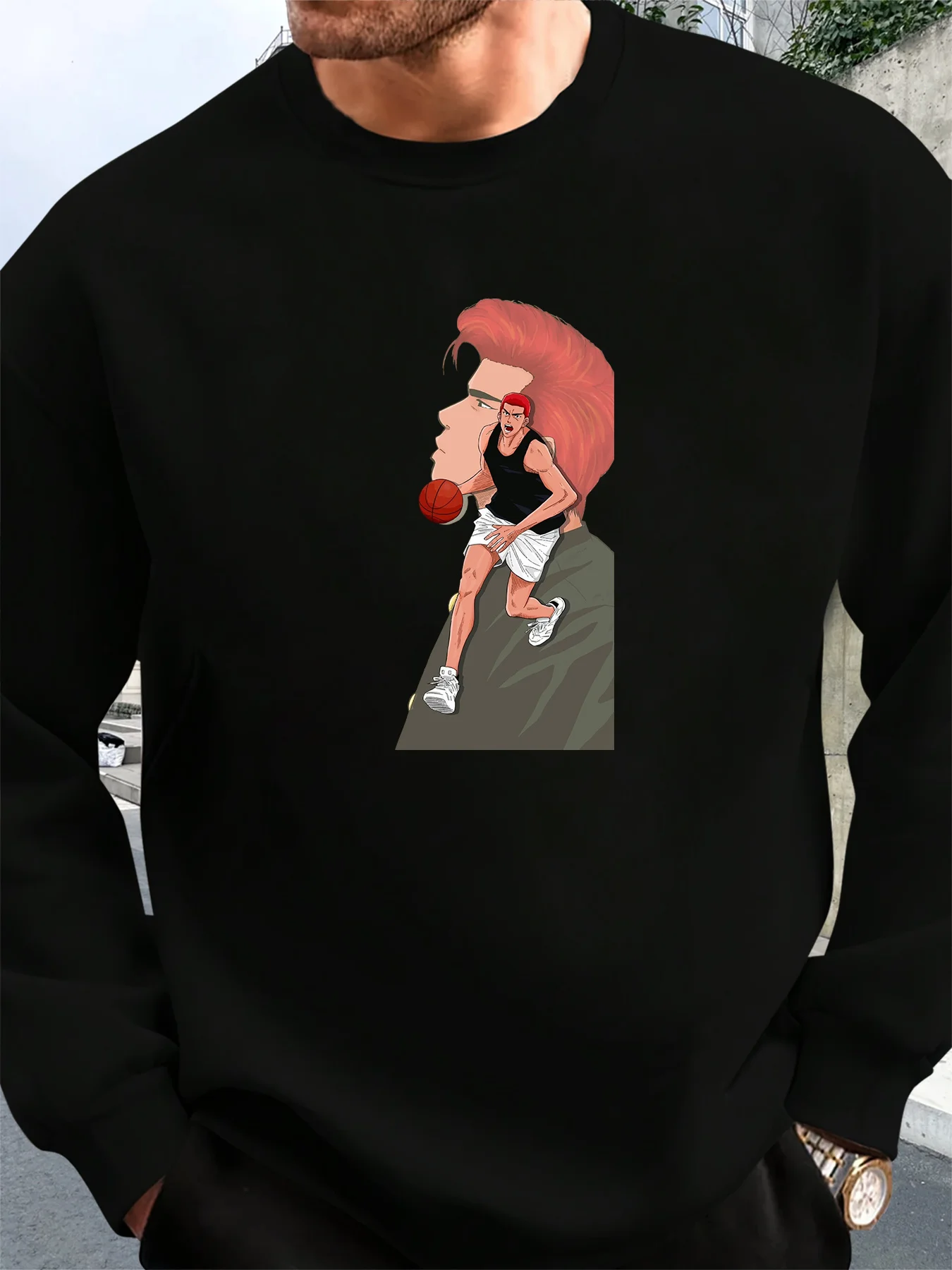 سويت شيرت كاجوال برقبة دائرية للرجال مع طباعة لاعب كرة سلة نابضة بالحياة، بلوفر فضفاض بأكمام طويلة لفصل الربيع #4