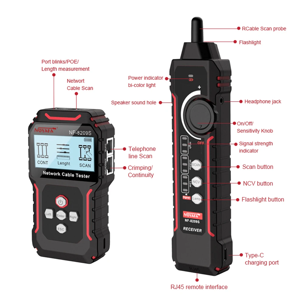 NOYAFA NF-8209S Network Cable Tracker LCD Display Cable Tester Measure Length Wiremap Tester Cable Tracker Network Tools