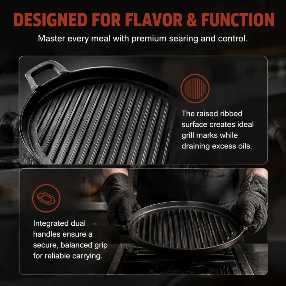 Cast Iron Grill Pan Flat Bottom Round Frying Pan Dual Handle Ribbed Surface Ribbed Steak Pan Gas Stovetop Electric Stovetop