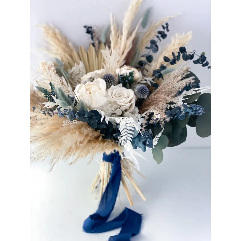 Flores secas para novia y dama de honor, ramo de hierba de peonía blanca y azul polvoriento, flores de boda