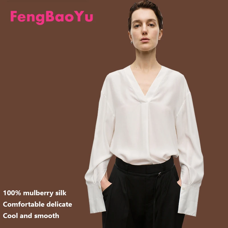 100% Mulberry Silk Women's Long-sleeved Shirt Original Design White V-neck Pullover T-shirt French Light Luxury Silk Clothing