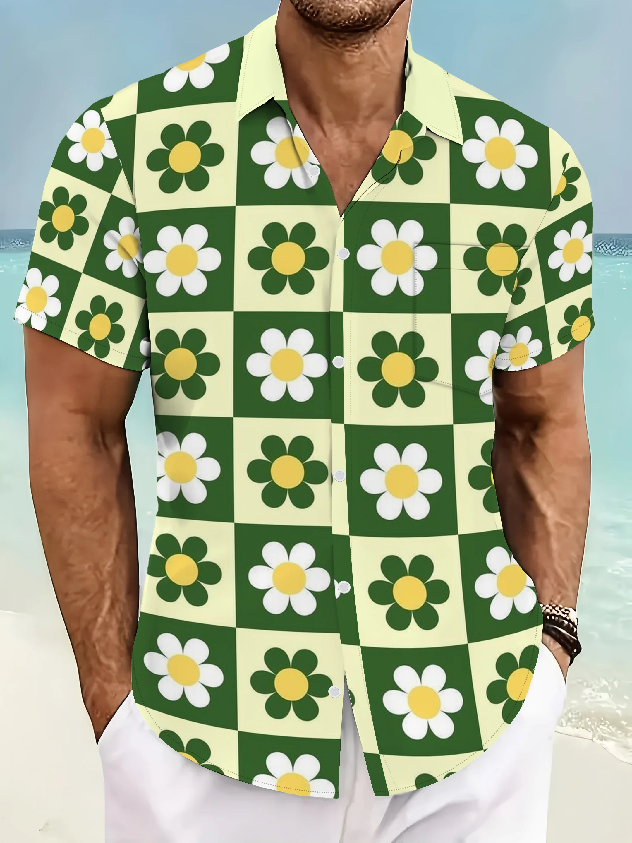 Men's Shirt Daisy Print Short Sleeve Turn Down Collar Loose Fit Summer Seaside Vacation Daily Leisure Trendy Mens Clothing