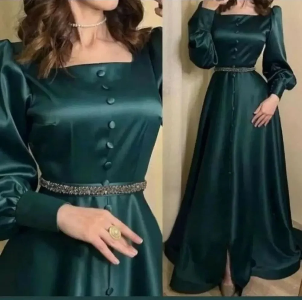 Square Collar Robe De Soirée Long Evening Gown Customized  Formal Party Dress Satin Long Sleeves Beading Prom Dresses