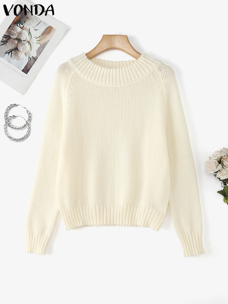 VONDA Knitted Pullovers Sweaters Women Fashion Jumpers 2025 Autumn Long Sleeve O-Neck Skew Collar White Tops Casual Knitwear