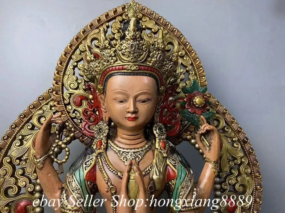 Old Tibet Copper Gilt Painting 4 arms Chenrezig Buddha Avalokiteshvara Statue