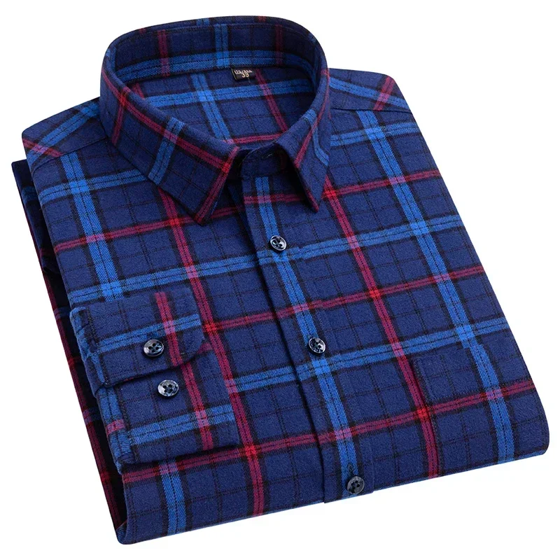 Plus Size 100% Cotton  Long Sleeve  Shirts for Men Casual Slim Fit Plain Shirt Striped Plaid Tops Designer Pocket Soft Clothes