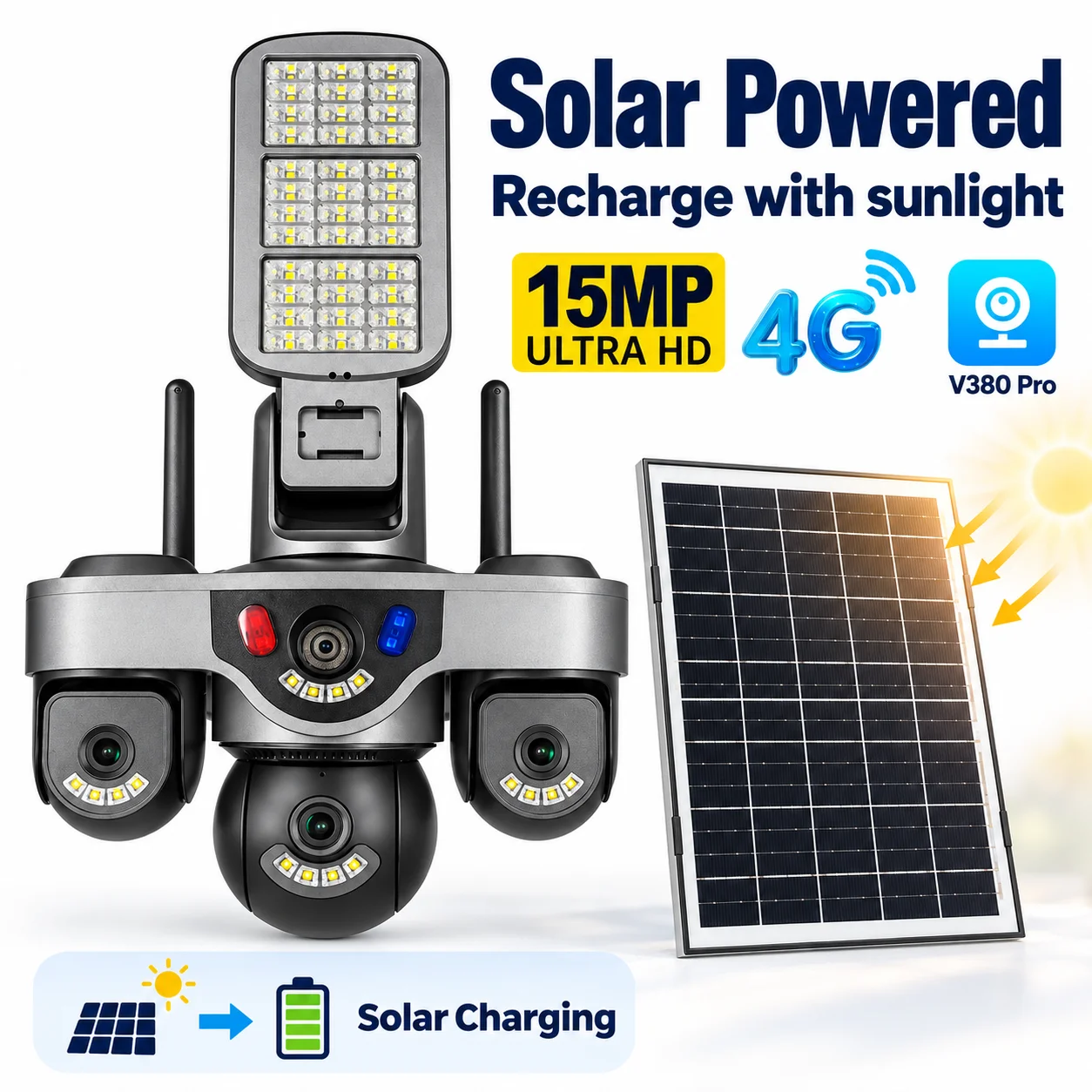 15MP 3‑Lens AOV 4G Solar Security Camera  3‑Screen Simultaneous Monitoring Red‑Blue Strobe Alarm Outdoor PTZ Surveillance Cam