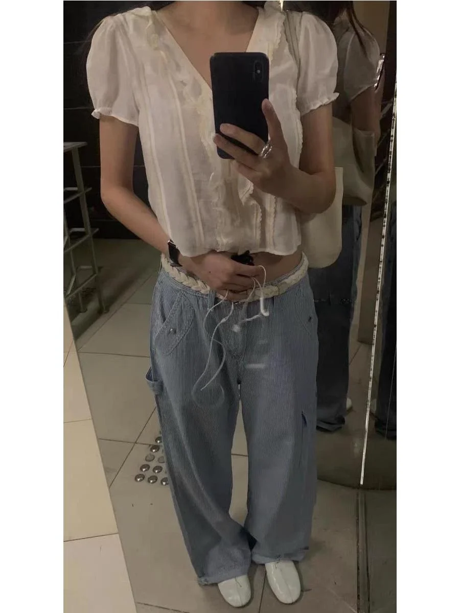 Neng Neng Tannat Vintage Workwear Casual Comfortable Drapey Vertical Stripes Slimming Long Pants Korean Style High Waist Cotton