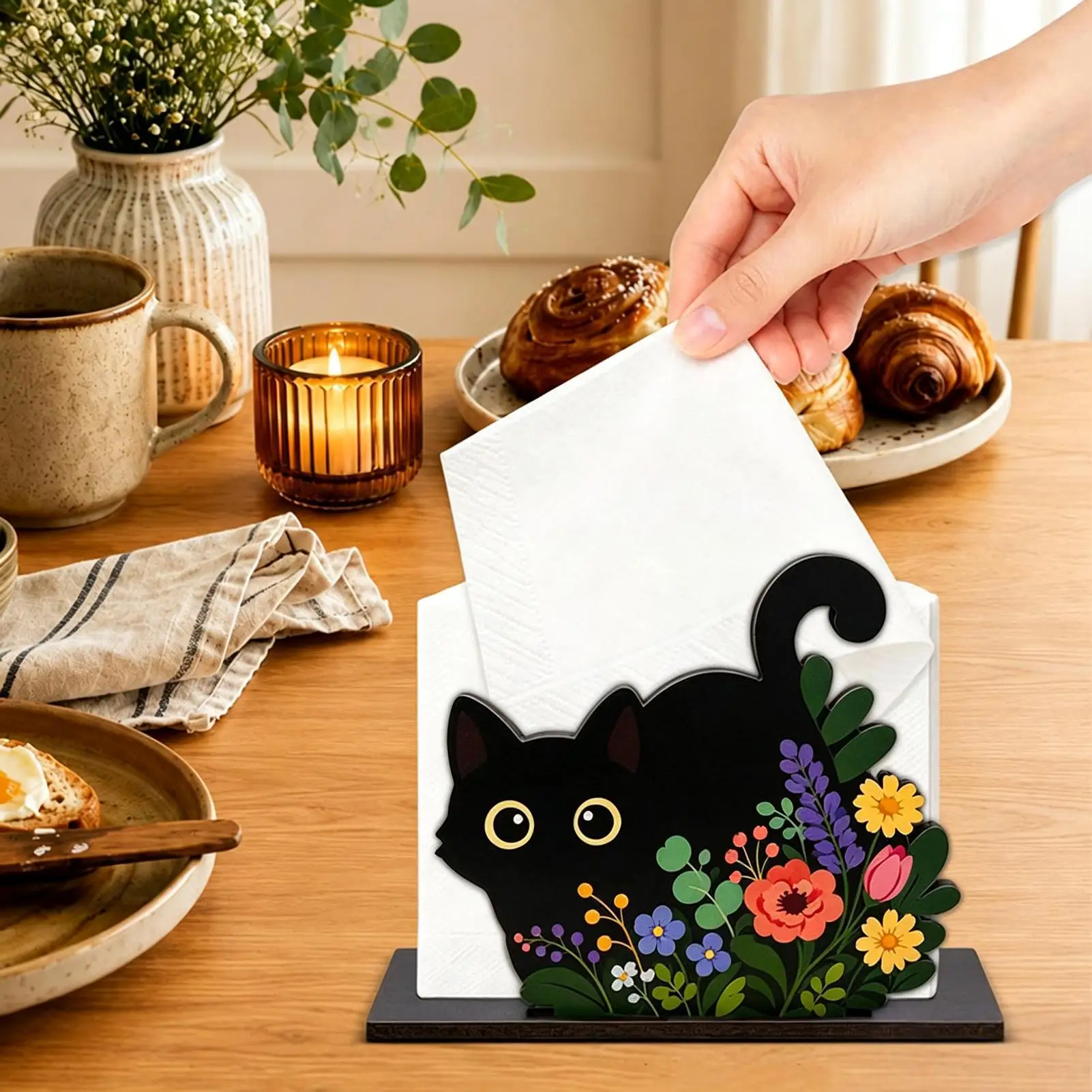 1PC Paper Napkin Rack Tissue Holder Portable Black Cat Design Tabletop Tissue Organizer Decor For Home Office Desk Decor