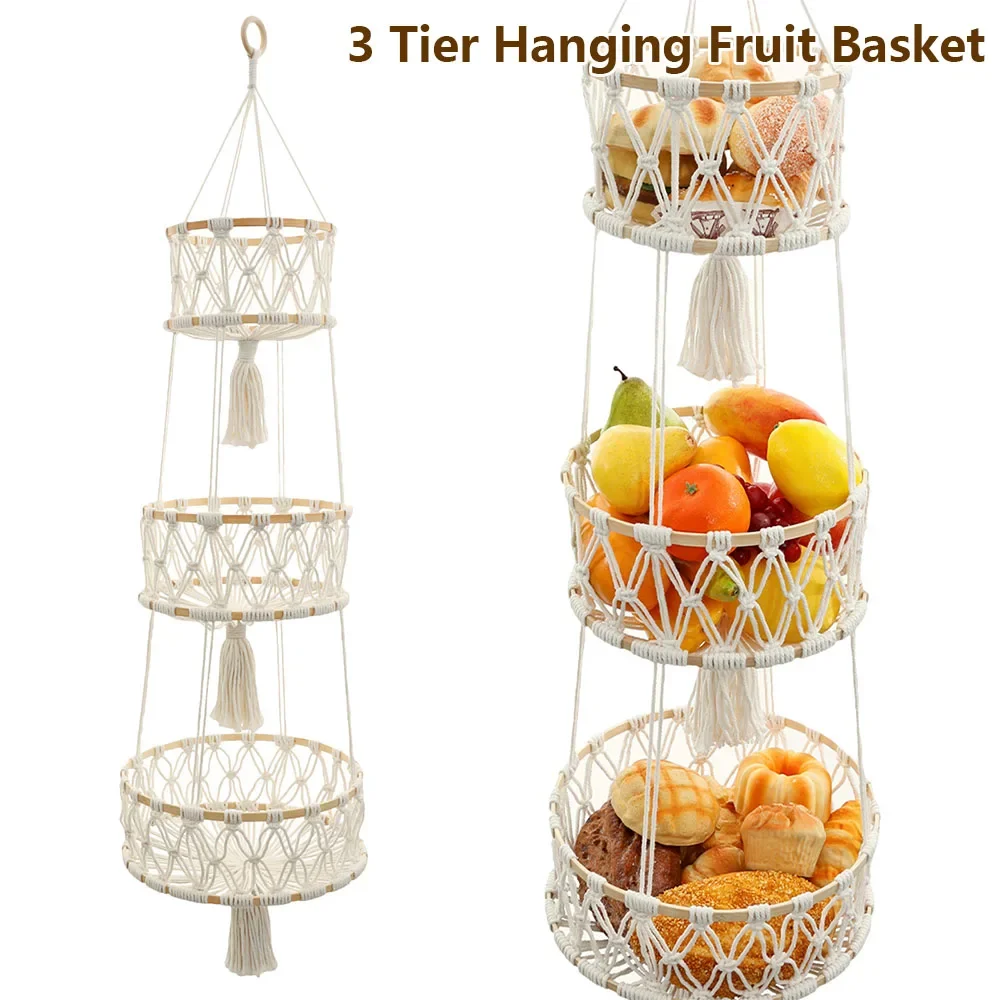 3 Tier Hanging Fruit Basket Handmade Woven Hanging Storage Basket Flower Pot Planter Hanger Garden Decoration Kitchen Basketry