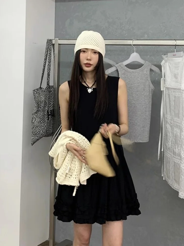 Vestido F Estilo Coreano com Design de Camadas e Decote Redondo, Estilo Cake, Saia Curta