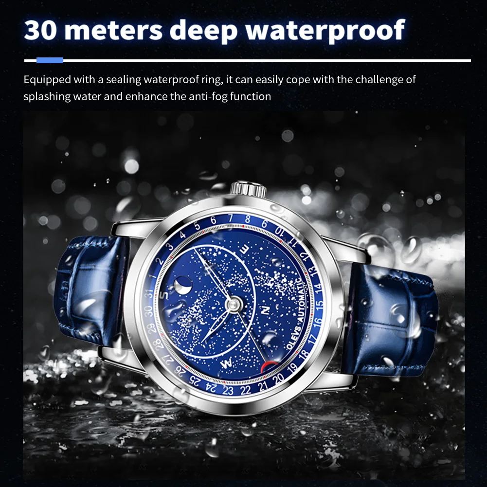 

OLEVS 9923 Мужские часы Роскошные оригинальные автоматические механические часы со звездным кожаным ремешком Водонепроницаемые мужские часы со светящимся звездным циферблатом