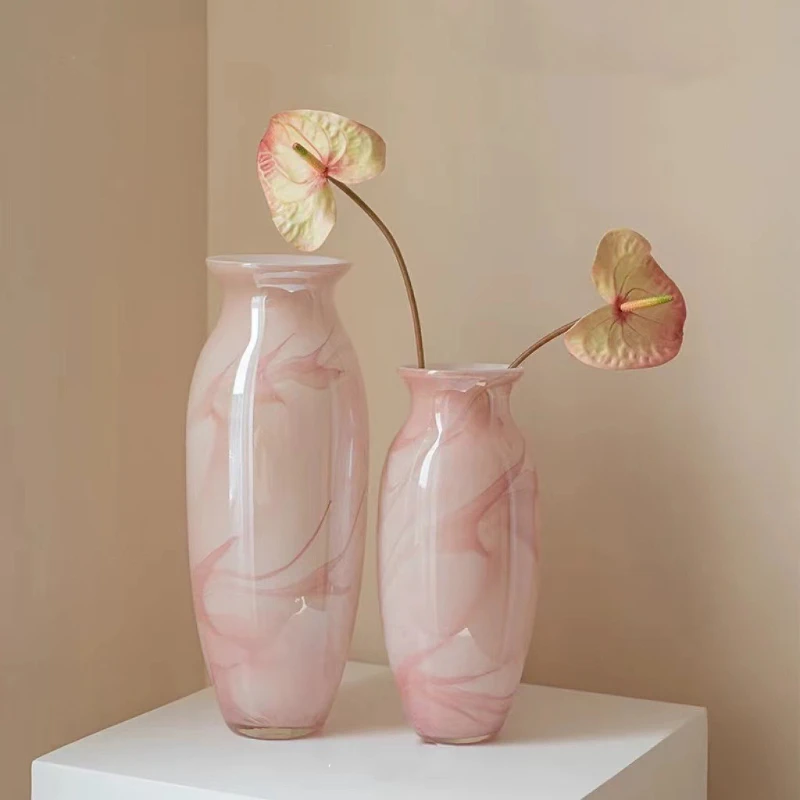 LH Medieval Light Pink Glazed Cloud Mist Texture Vase Flower Arranger Advanced Home Ornament