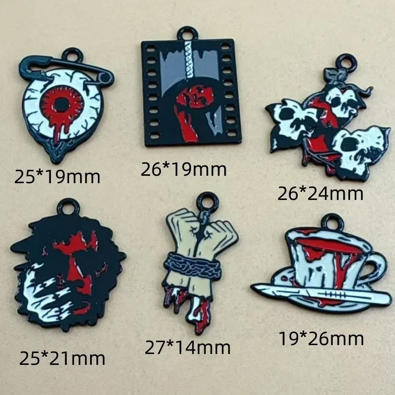 6pcs Halloween Horror Style Alloy Charms Eyeball Skeleton Hand Pendants for DIY Keychain Making Accessories