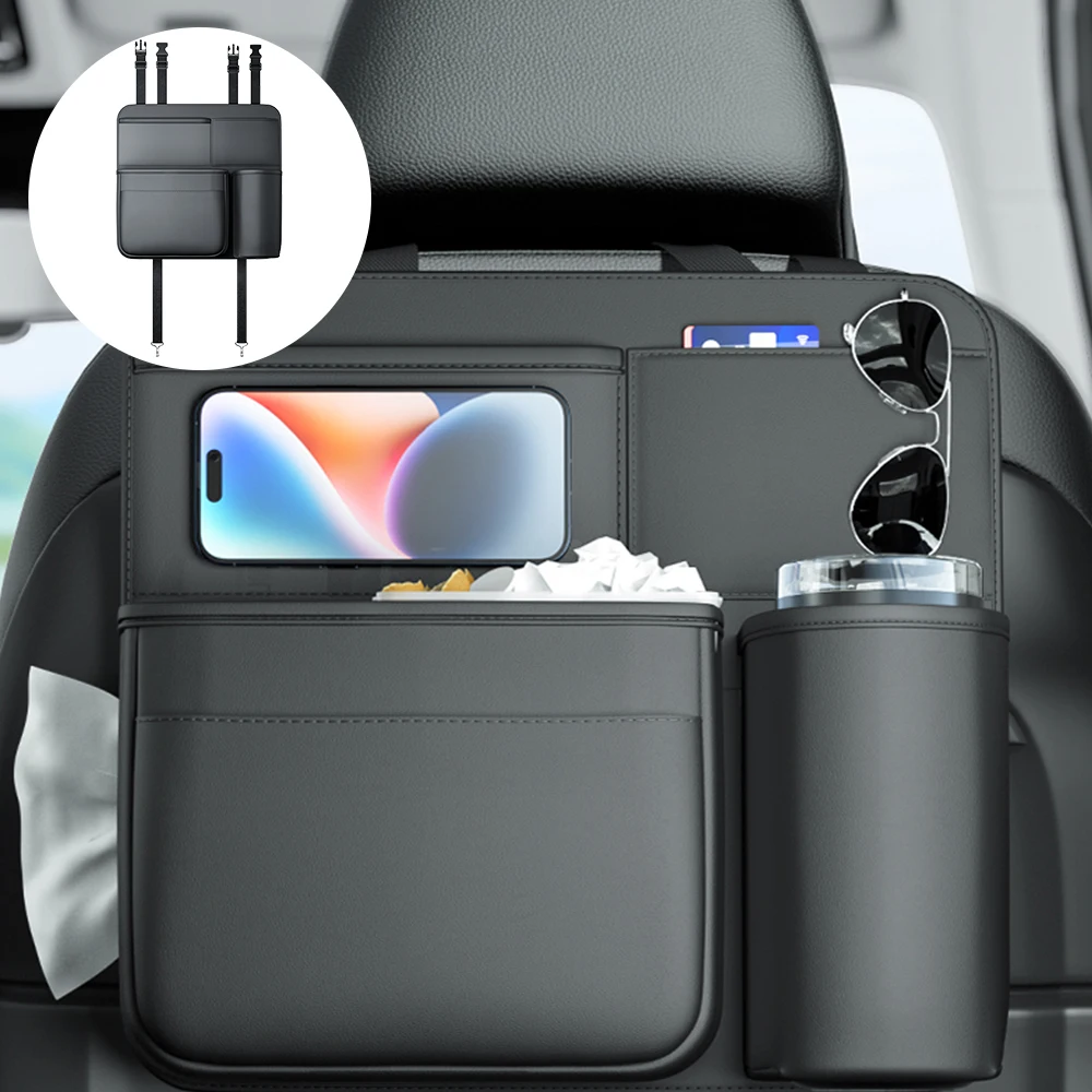 

Multifunction Storage Box Car Seat back Storage Organizer Bag With Cup Holder Trash Can Bin PU Leather Stowing Tidying Pocket
