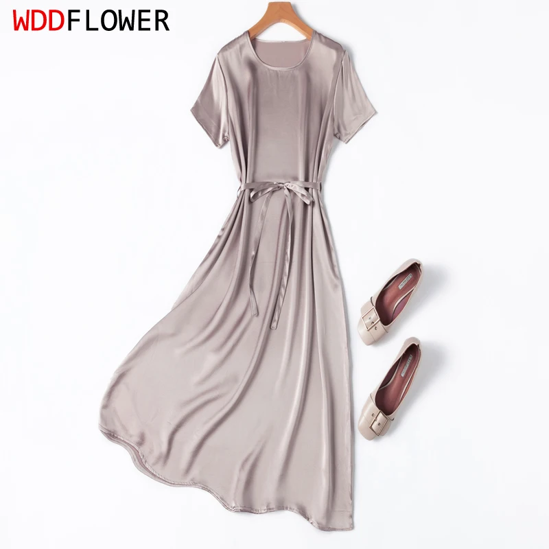 

Women Midi Dress 100% Mulberry Silk 20 Momme Crew Neck Belted Waist Solid Gray Pink A Line Long Dress Office Lady M1200