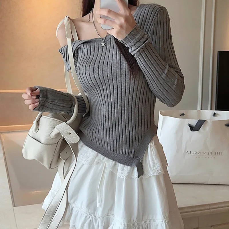 Sexy Off Pullover Shoulder Sweater Women Knitted Asymmetrical Slash Neck Lace Up Long Sleeve Striped Elegant Casual Loose Top