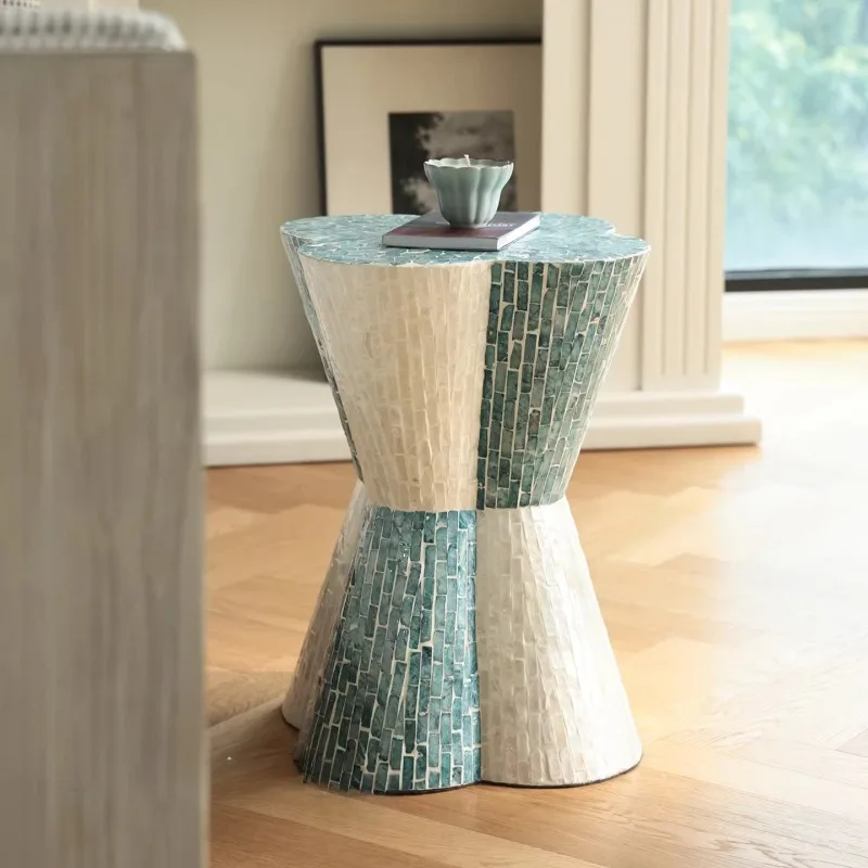 hh-Boho Capiz Mosaic Accent Table with Teal & White Shell Inlay, Scalloped Edge Pedestal Side Table for Living Room^