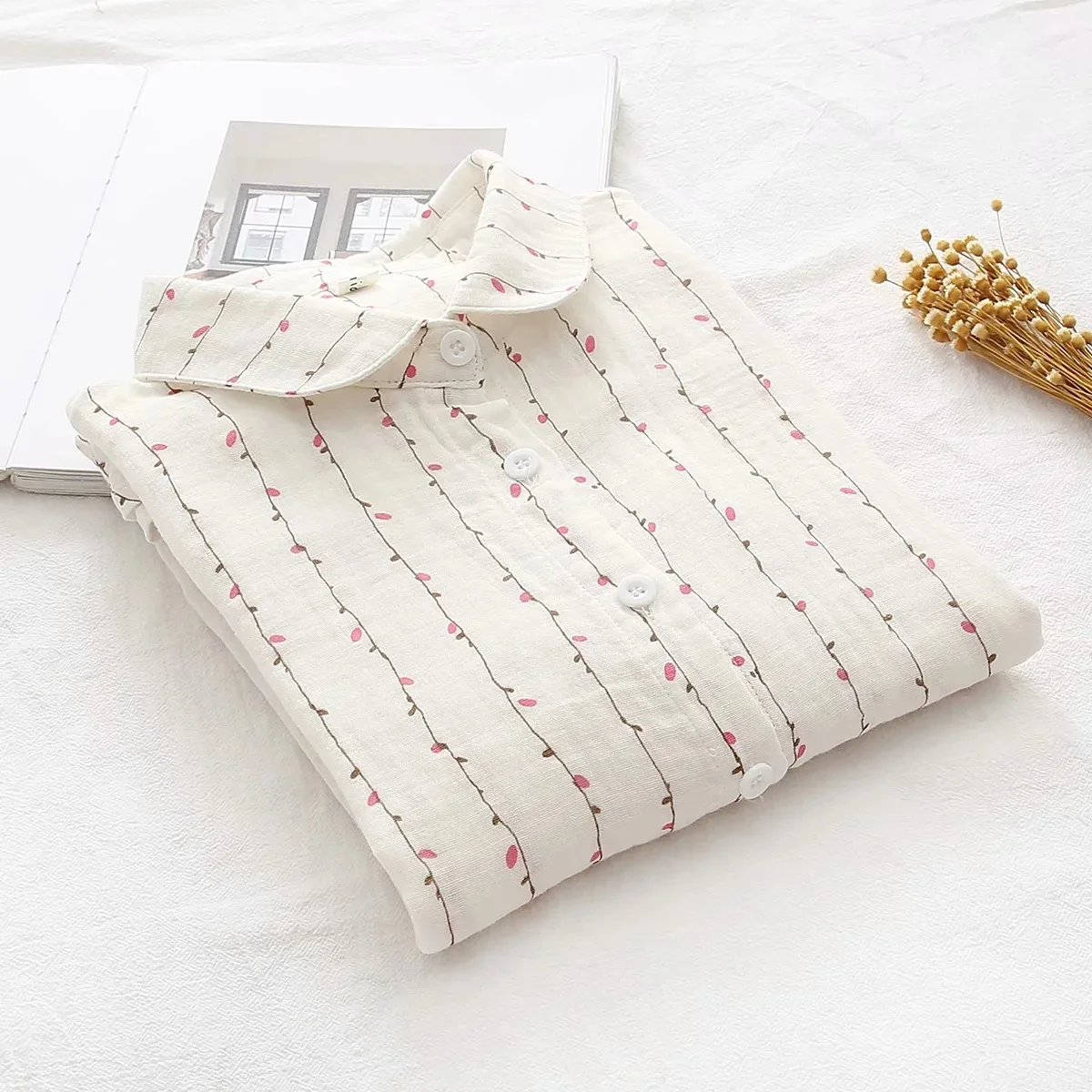 Double-layer 100% Cotton Gauze White Shirt With Button Female Tops Causal Loose Pleated Folds Long Sleeve Shirts Women Clothing