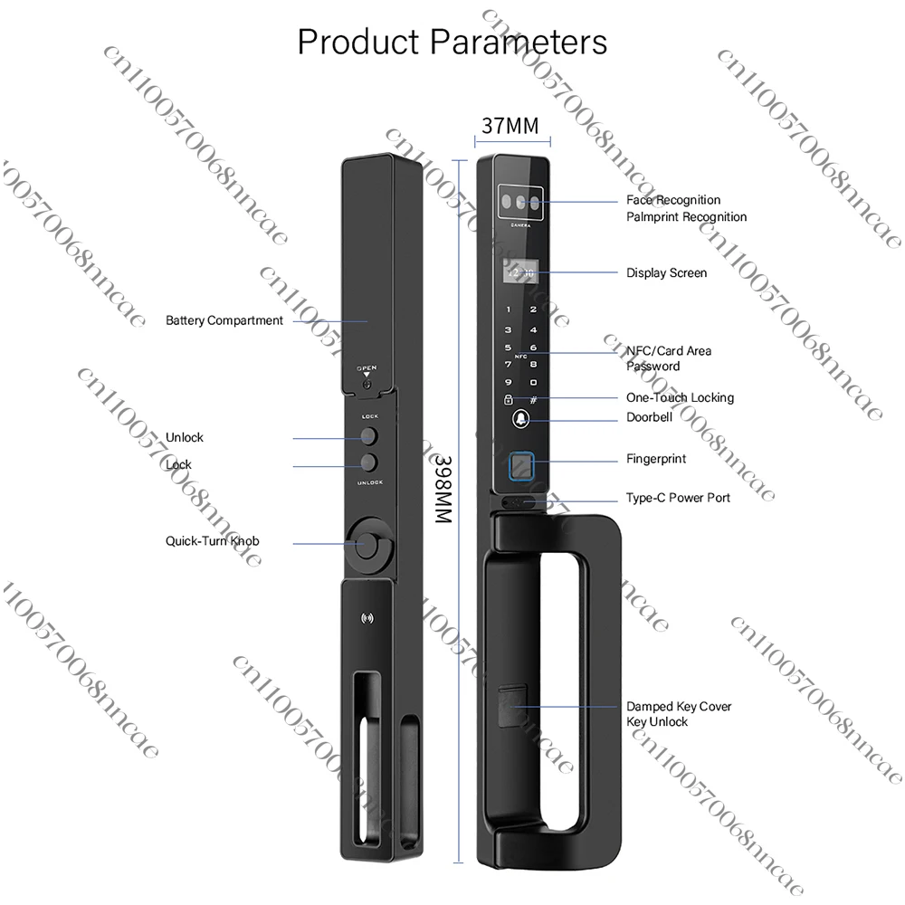 

Tuya Smart Outdoor Aluminum Sliding Door Lock WIFI Fingerprint Face Recognition Palm Vein Waterproof Features Cloud Data Camera