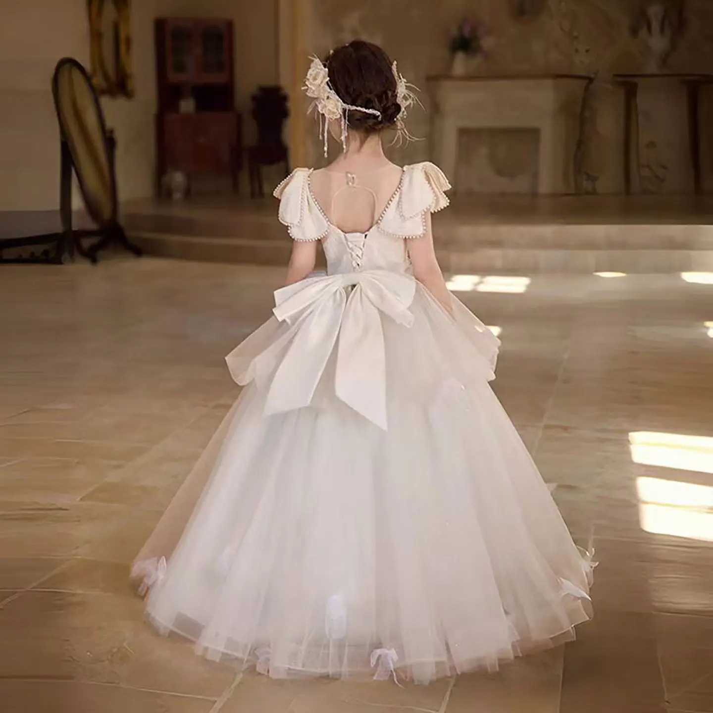 Dreamy Vow D317 Abito da ragazza di fiore in tulle con fiocco a cuore di lusso Principessa araba Prom per bambini Matrimonio Compleanno Festa Spettacolo