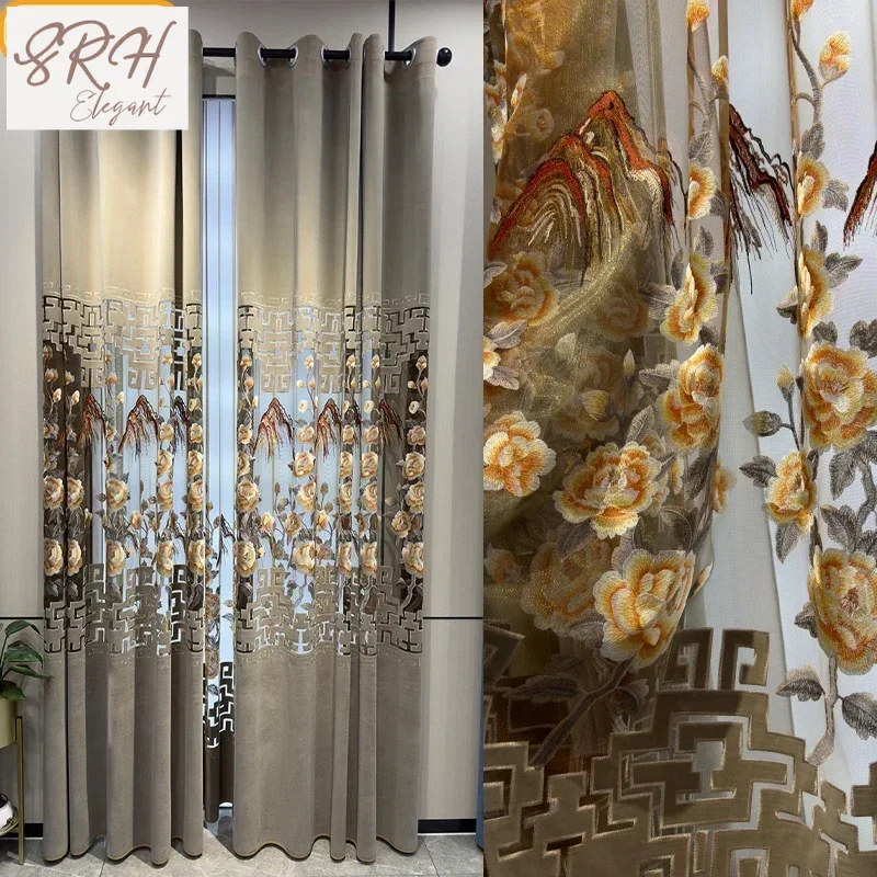 

Chinese High-end Landscape Embroidery Flannelette Hollow Curtains For Living Room Bedroom Villa French Window Customization