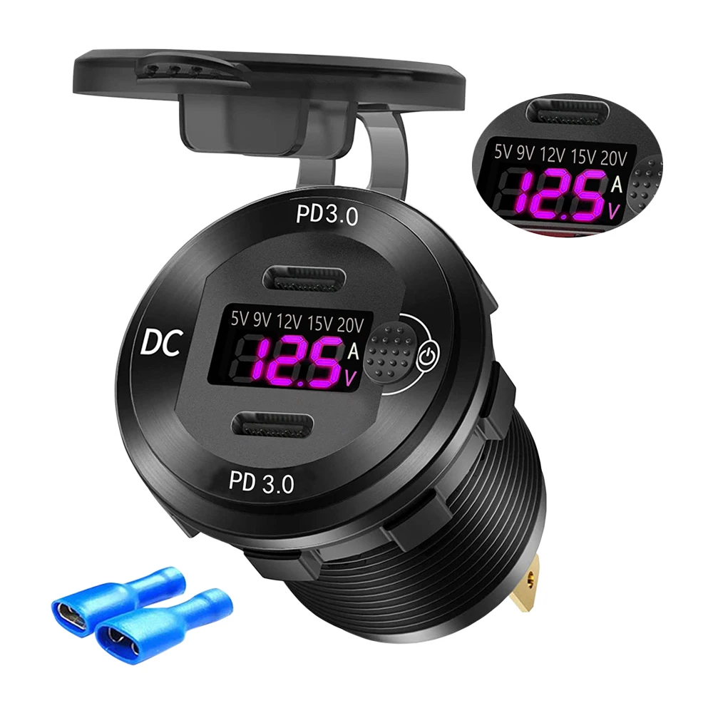 12V/24V USB Charger Socket Waterproof Fast Charge Adapter Dual PD 3.0 Type C Power Outlet With Switch For Car Marine Motorcycle