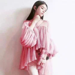 Spring Summer V-Neck Pink Chiffon Shirts Loose Sweet Two-piece Pleated Blouses Irregular Lantern Sleeve Crop Tops Blusas Mujer