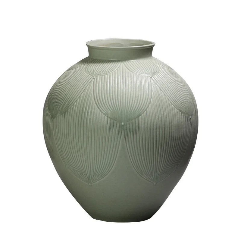 

Cyan petal coarse pottery retro ceramic vase ornament high-end model room decoration flower pot